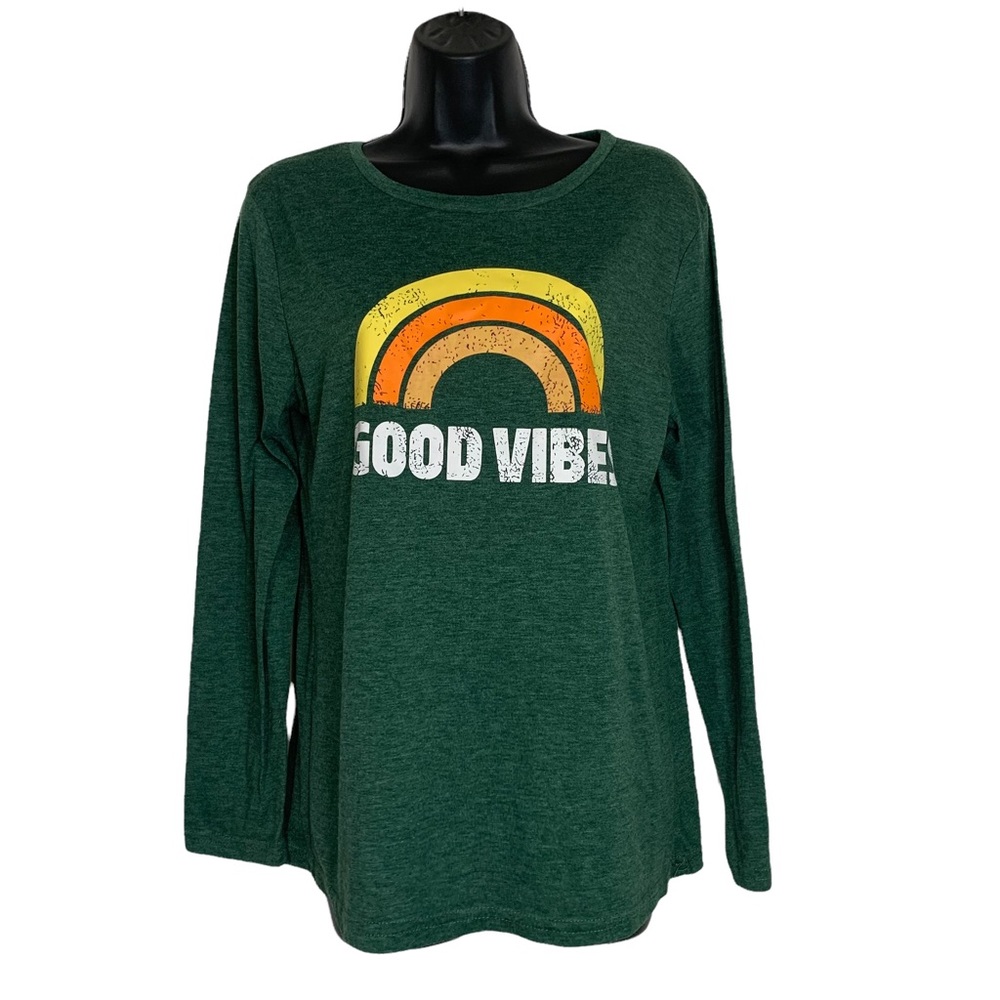 Raibow Pattern Women Long Sleeve Cute Good Vibes T-shirt - Picture 2 of 5